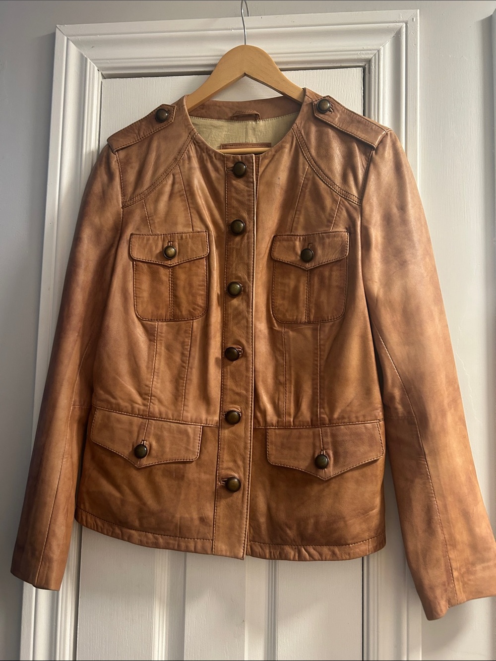 Tristan & Iseut Women’s Tan Leather Military-Style Button Jacket